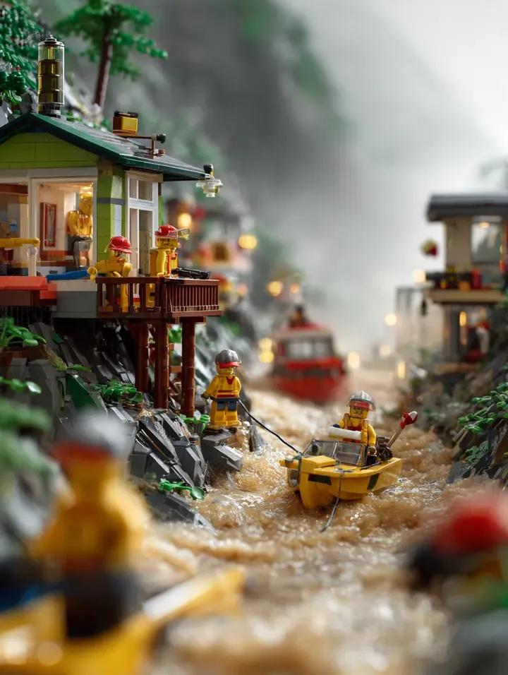 LEGO mountain flood rescue scene, torrential rain causing river overflow in a LEGO mountain village…