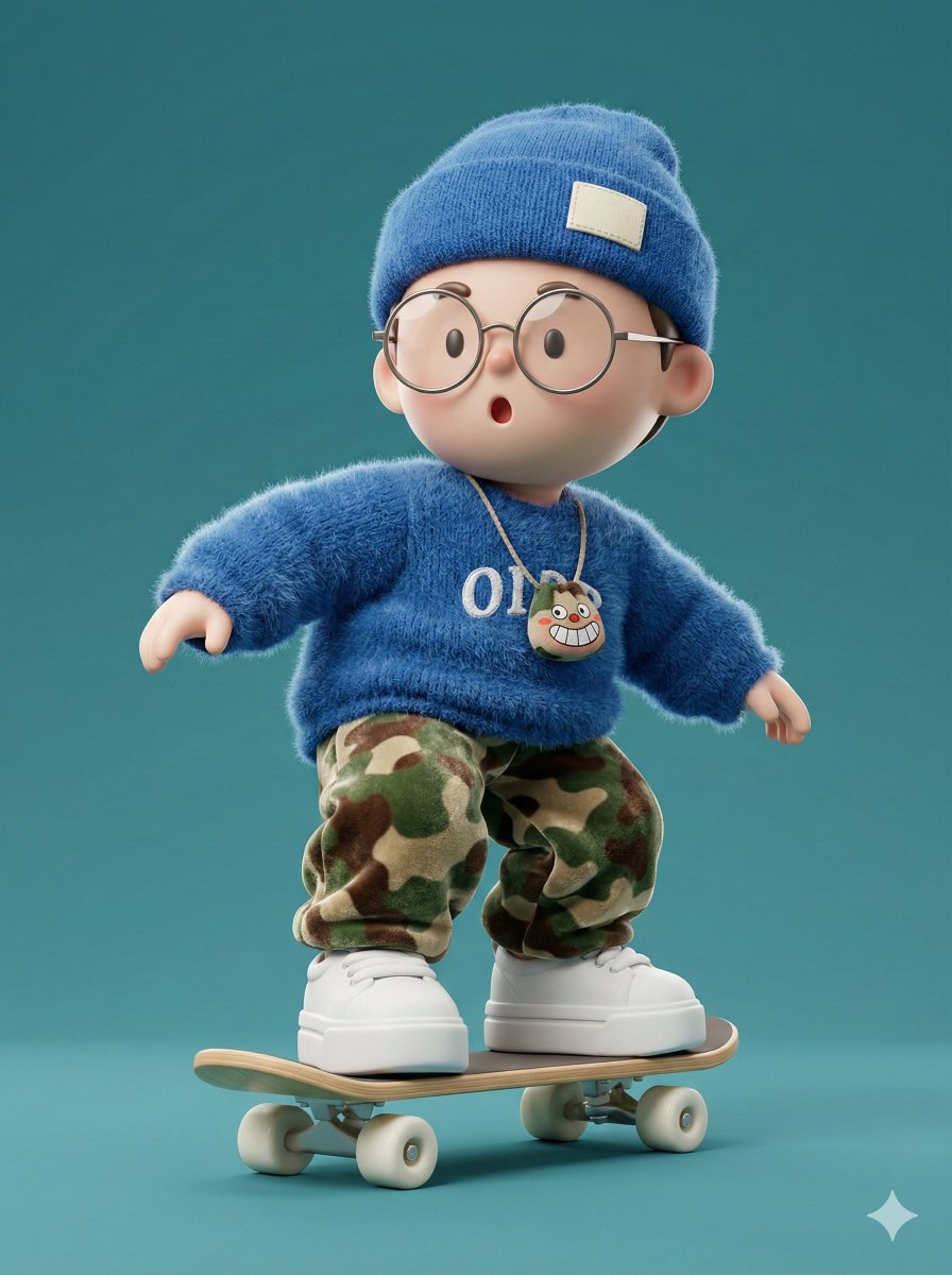 A high-fidelity 3D character render of a cute, stylized boy skateboarding in a dynamic pose. The bo…