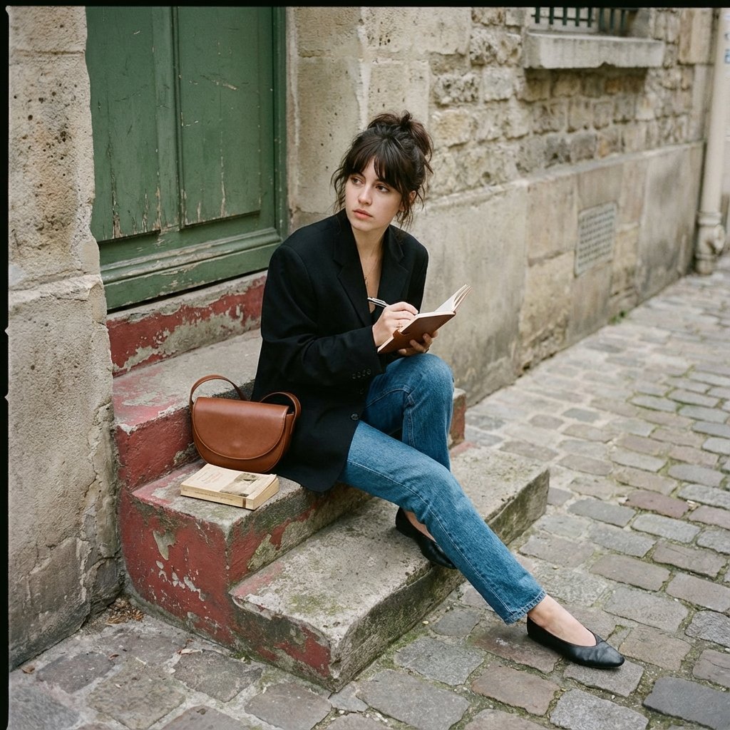 young woman sitting on stone steps in a quiet old European street