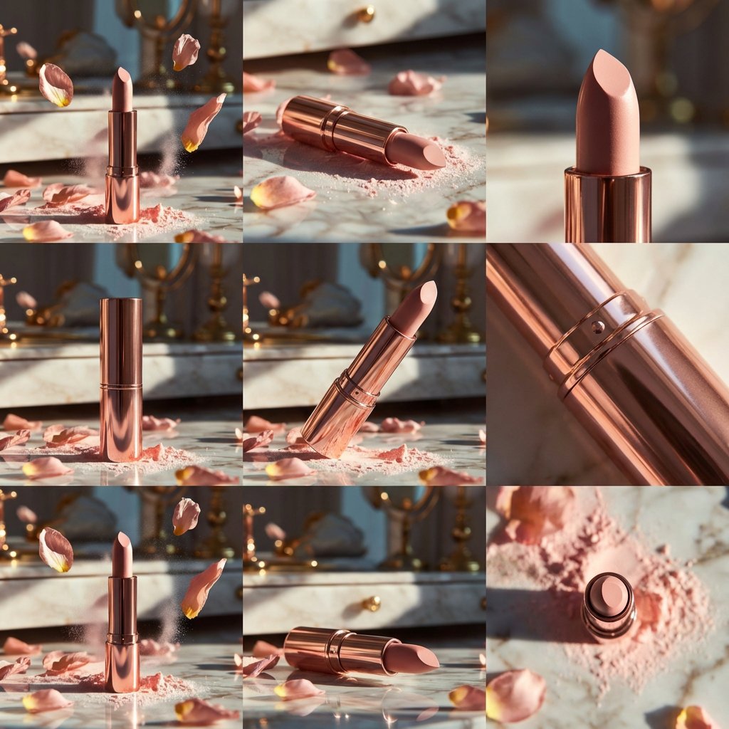 Elegant rose-gold lipstick standing upright on a reflective marble surface, surrounded by flying ro…