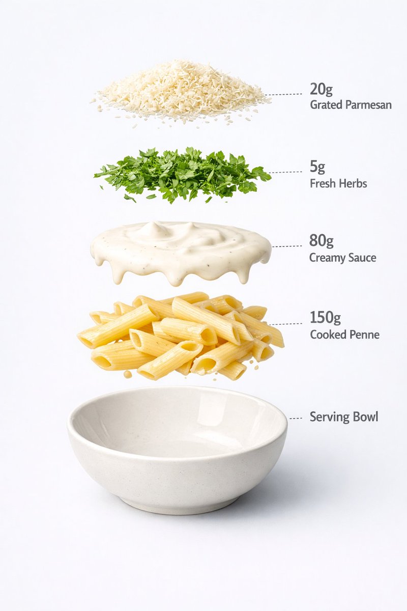 Ultra-realistic food photography of a prepared creamy white sauce penne pasta served in a minimal c…