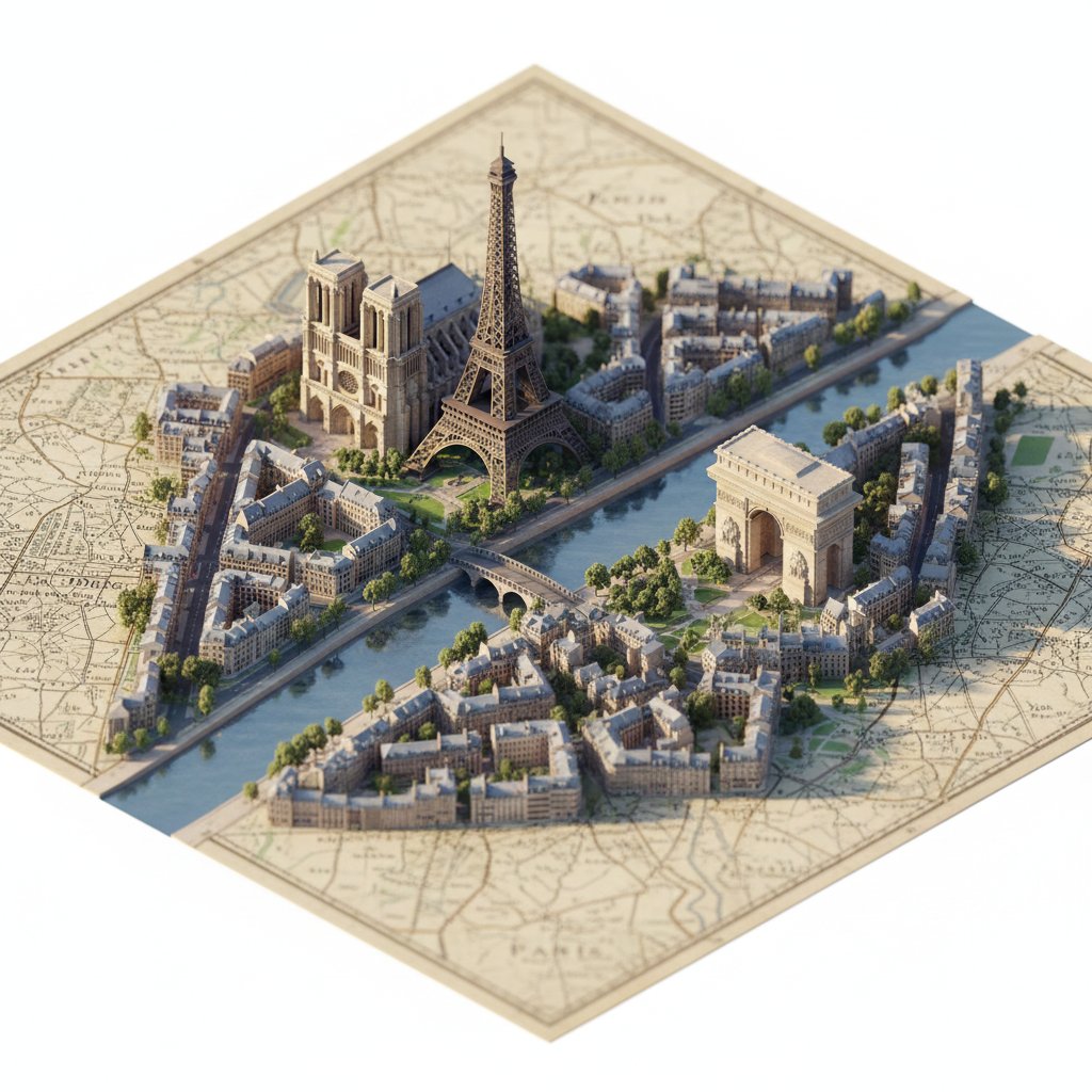 { "description": "Create a highly detailed, photorealistic miniature diorama style isometric map of…
