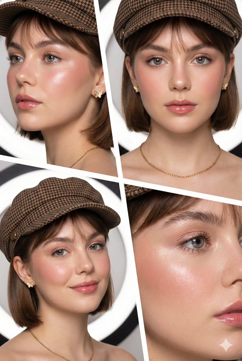 { "prompt_type": "beauty_editorial_collage", "layout": { "structure": "4-panel split-screen grid", …