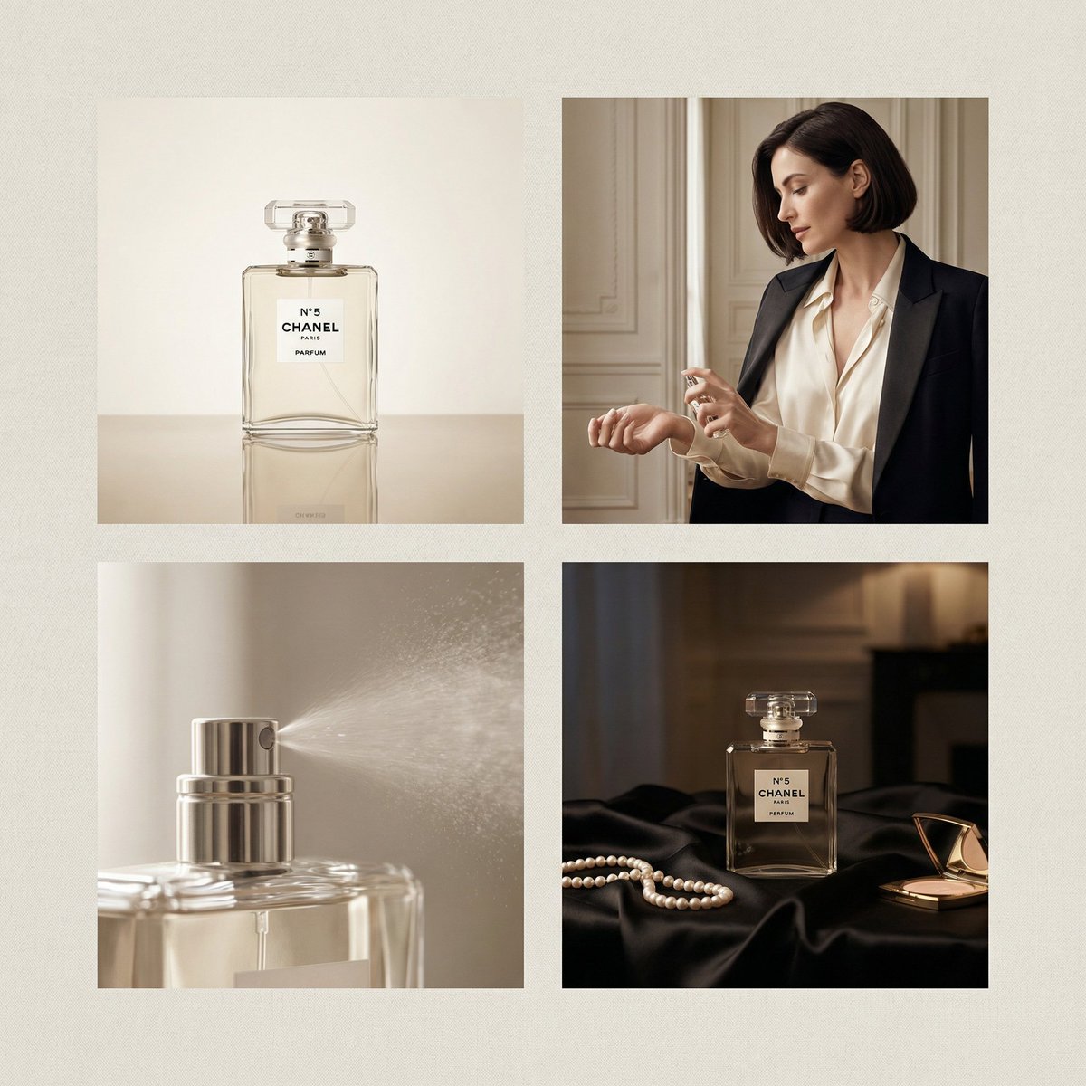 2×2 grid luxury perfume advertisement for Chanel perfume, four distinct yet cohesive high-end comme…
