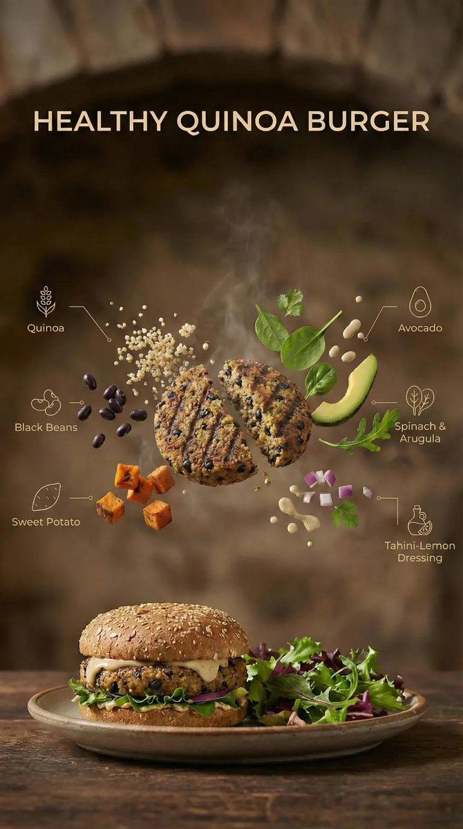 { "presentation": "Deconstructed exploded view floating in mid-air above a finished burger on a pla…