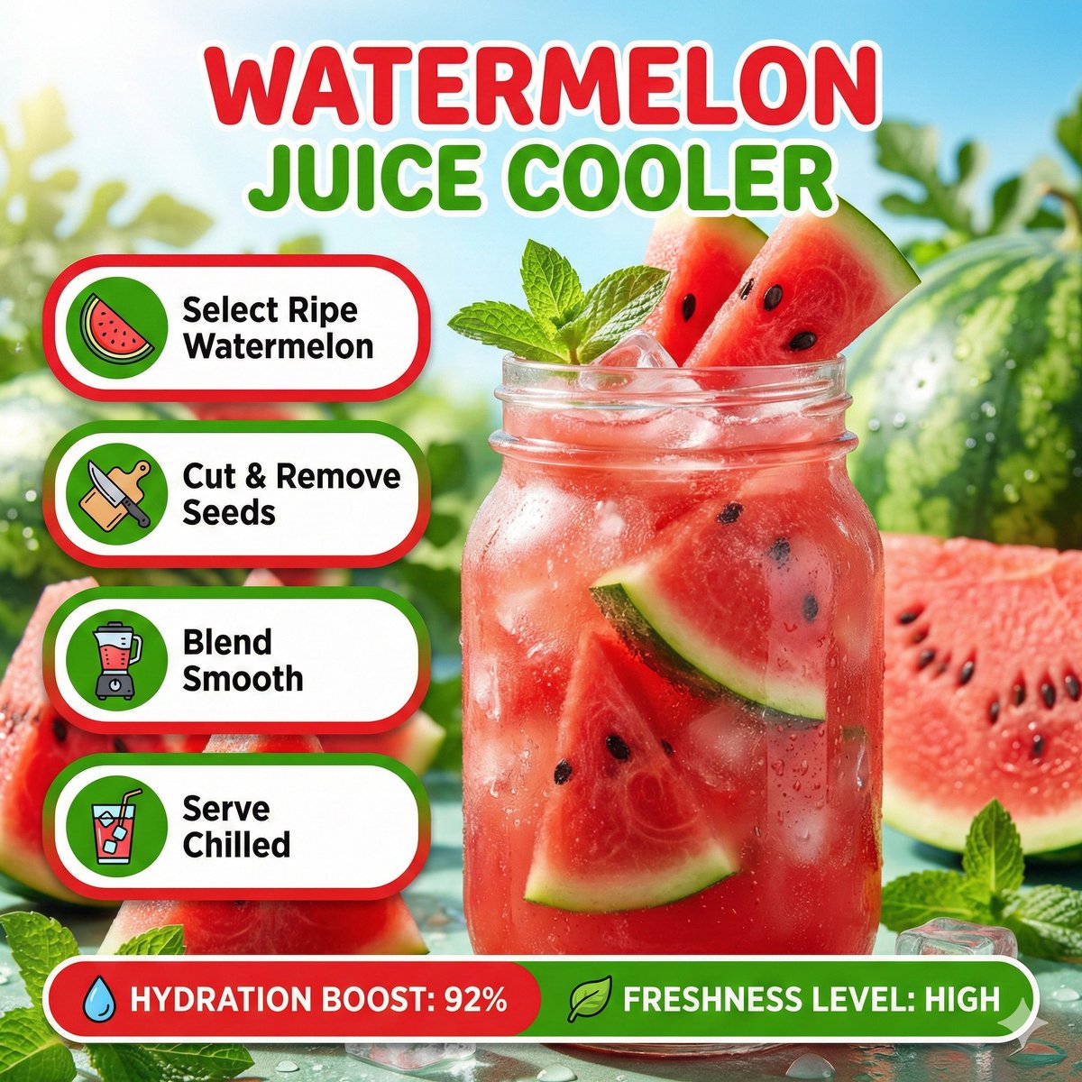 Bright summer infographic showcasing watermelon juice, icy texture, watermelon wedges floating. Ste…