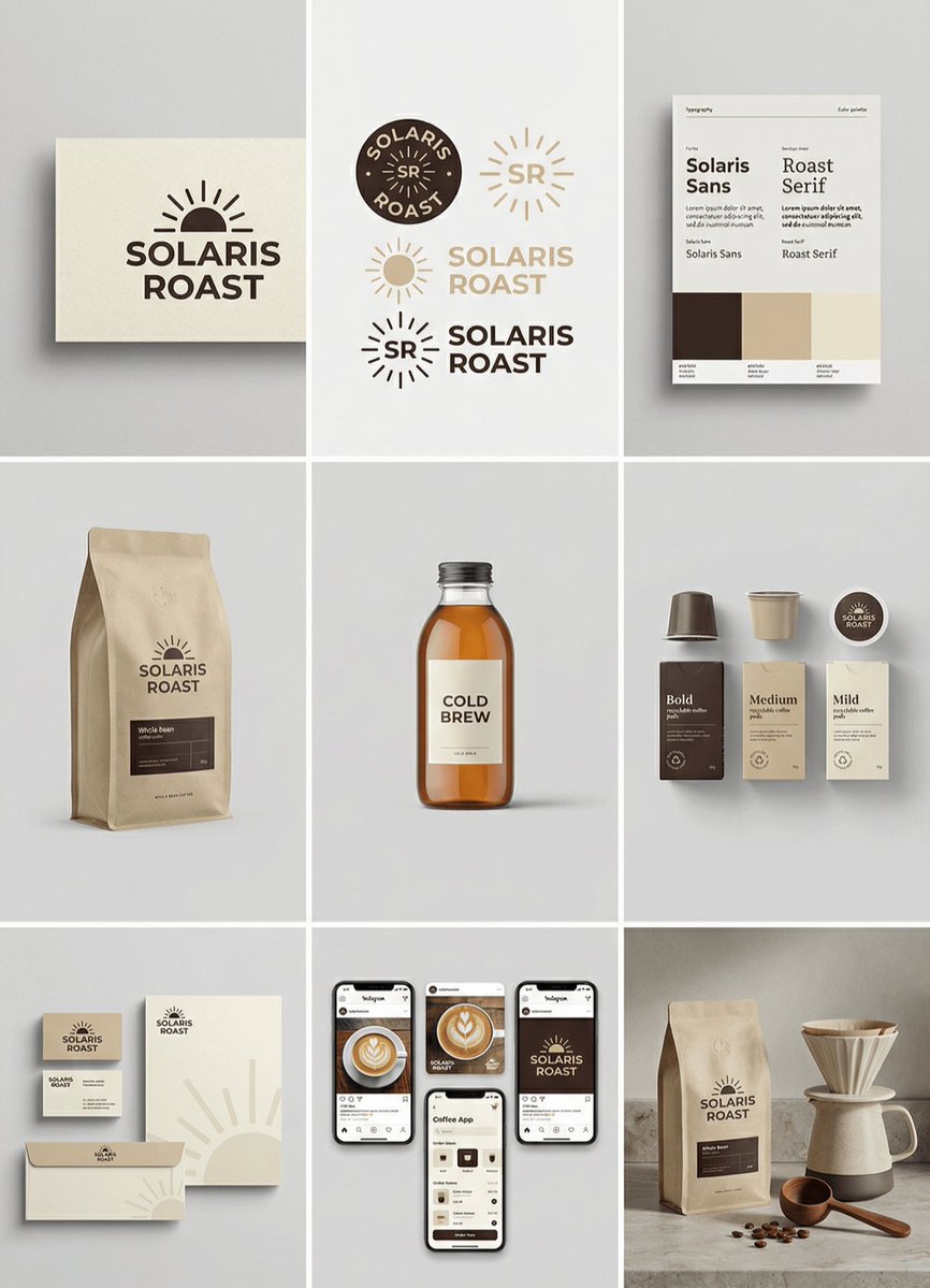 [brand name], complete brand identity grid, 3x3 layout, nine tiles showing a full cohesive brand sy…