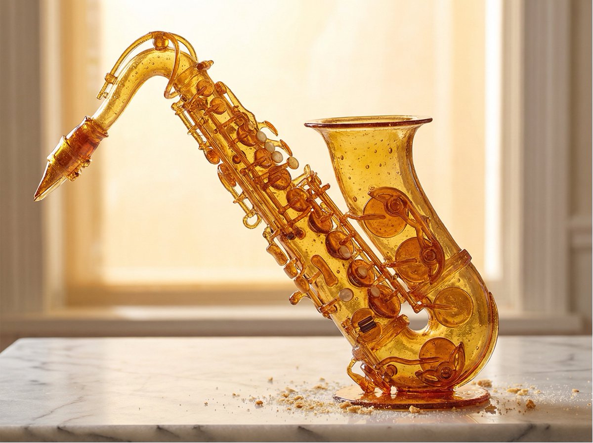 A [PRODUCT] rendered as if built entirely from pulled and blown sugar, the translucent amber materi…