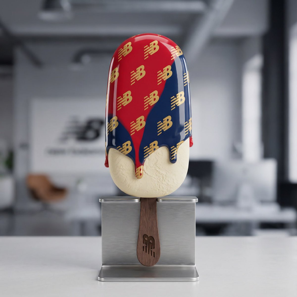 A perfectly vertical, hyper-realistic 3D popsicle by [@ YOUR LOGO] featuring a glossy signature-col…