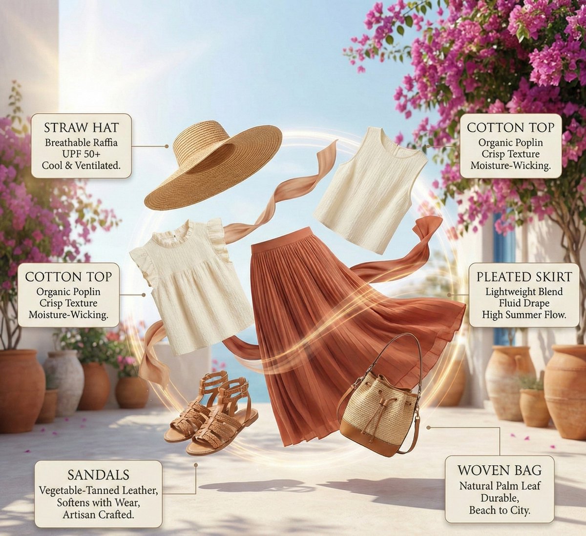 High-fashion summer outfit infographic with color-coordinated floating elements arranged in an eleg…