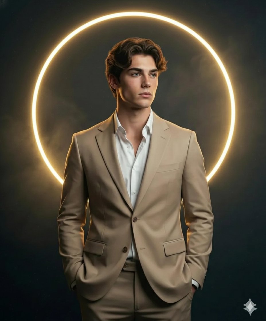 A high-definition, cinematic portrait of a sharp, handsome young man with wavy dark hair, wearing a…