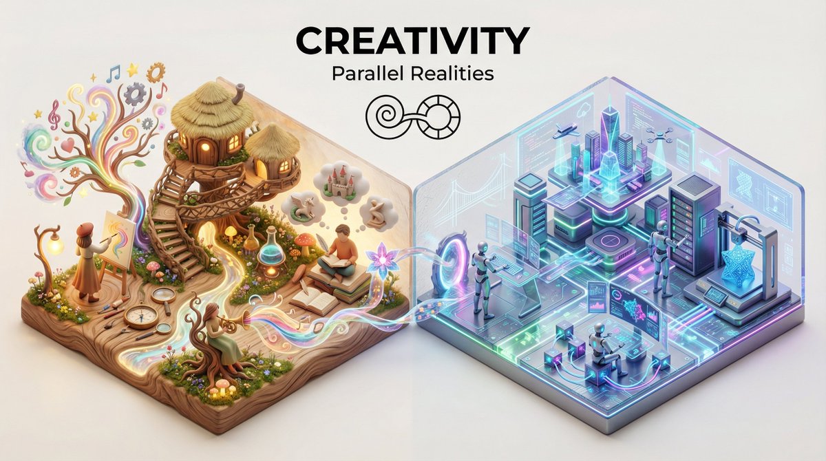 “Present a clear, 45° top-down isometric miniature 3D split diorama showing two parallel worlds of …
