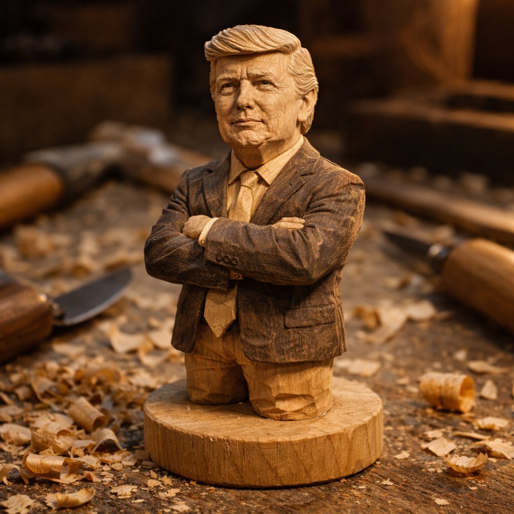 A hand-carved wooden miniature figure of [NAME], shaped with visible knife marks, natural grain tex…