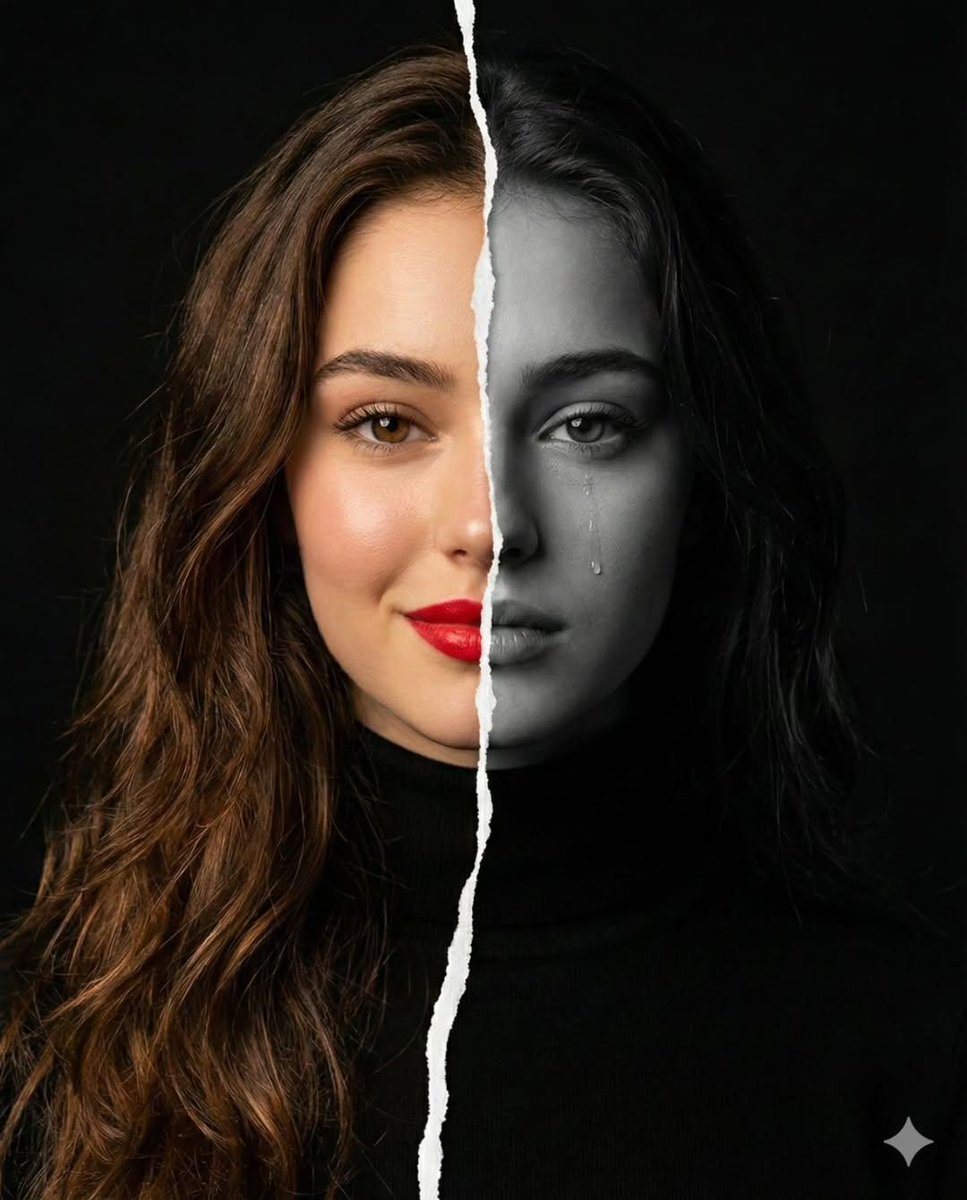 ​A high-resolution conceptual portrait of a woman’s face vertically split down the middle by a jagg…