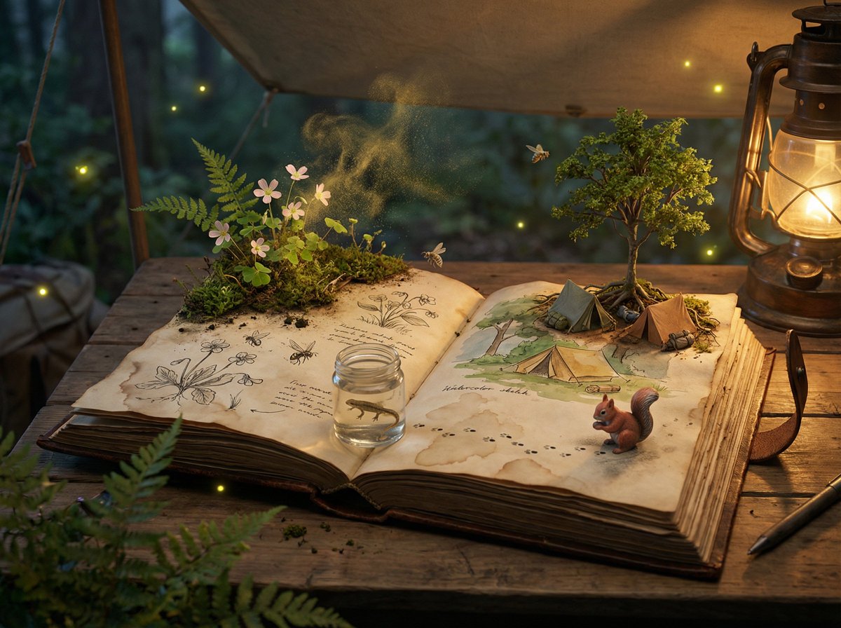 Epic 3D scene: a weathered field journal lies open on a naturalist's camp table, its pages erupting…