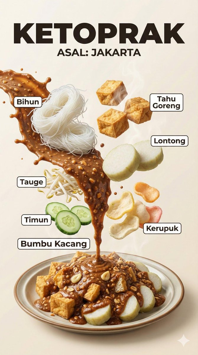 A hyper-realistic Indonesian food infographic poster with dramatic floating ingredients. Vertical c…