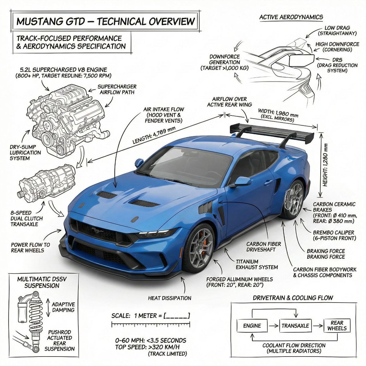 Create an infographic image of Mustang GTD combining a realistic photograph or photorealistic rende…