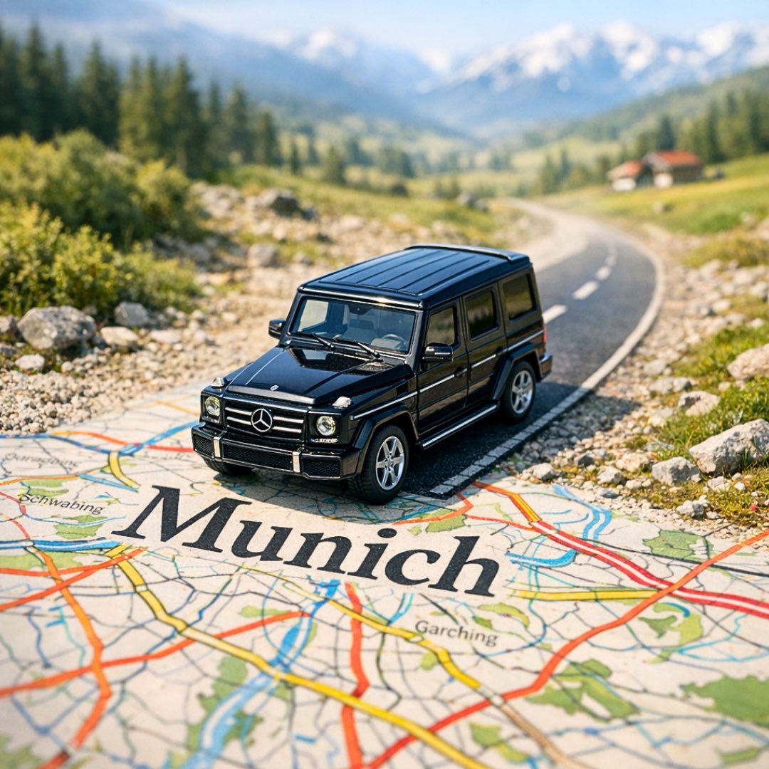 A surreal, hyper-realistic close-up scene of a miniature [CAR] driving along a winding road that se…