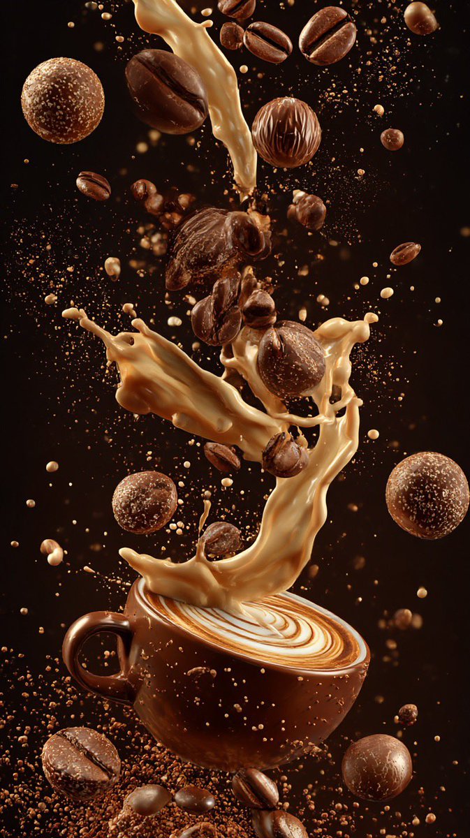 Ultra-cinematic vertical composition of coffee elements suspended in mid-air cascading roasted coff…