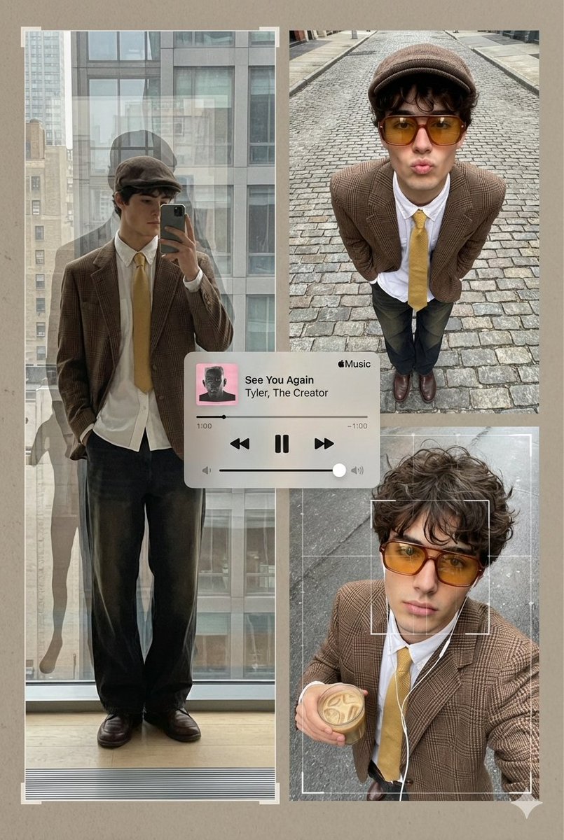 An editorial poster-style multi-panel collage presents Subject[person in the image] across three as…