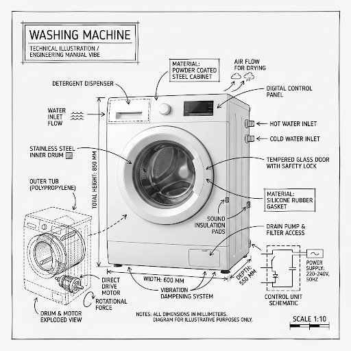 Create an infographic image of [washing machine], combining a realistic photograph or photoreal ren…