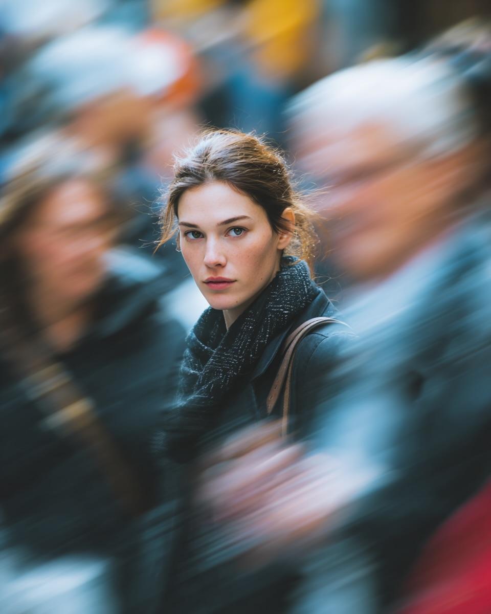 Ultra-realistic cinematic street portrait of a young woman standing still in a crowded city street,…