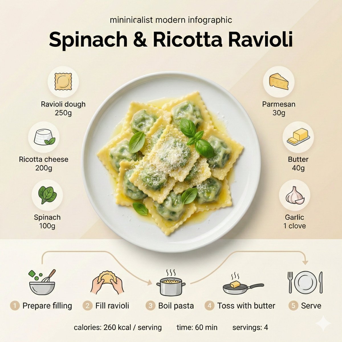 { "style": "Minimalist modern recipe infographic", "visual_aesthetic": { "photography_style": "Top-…