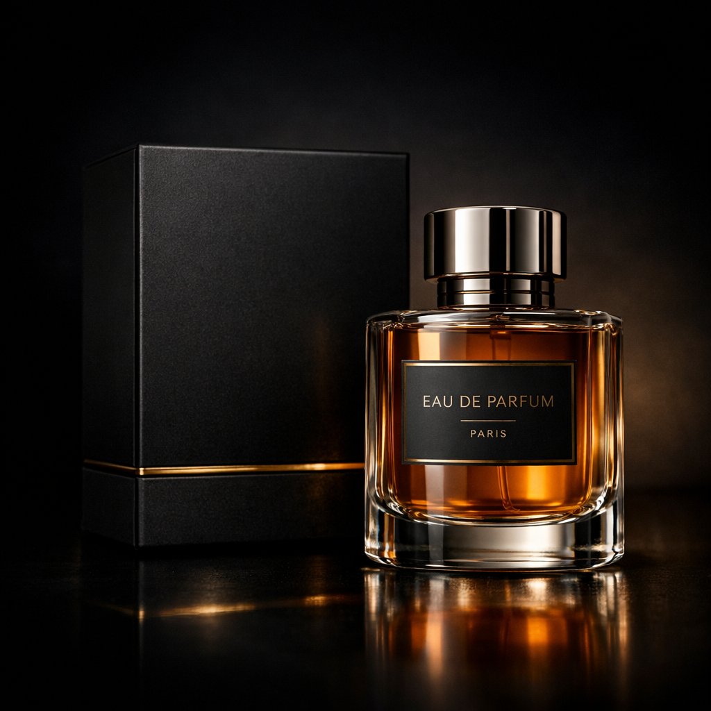 Luxury perfume product photography in a dark cinematic studio. A premium black matte perfume box wi…