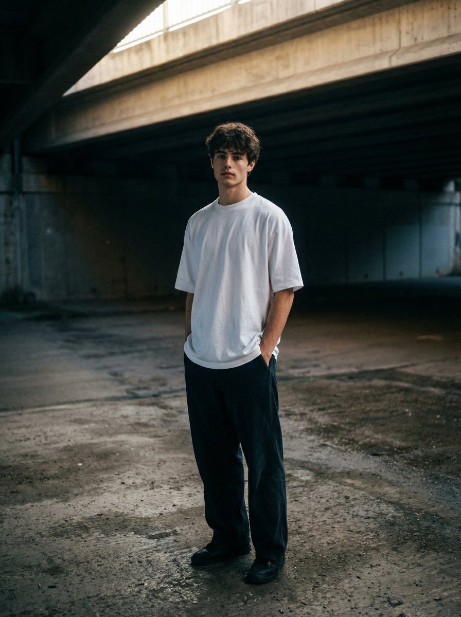 A moody, urban portrait of me standing under a desolate concrete overpass, the harsh architectural …