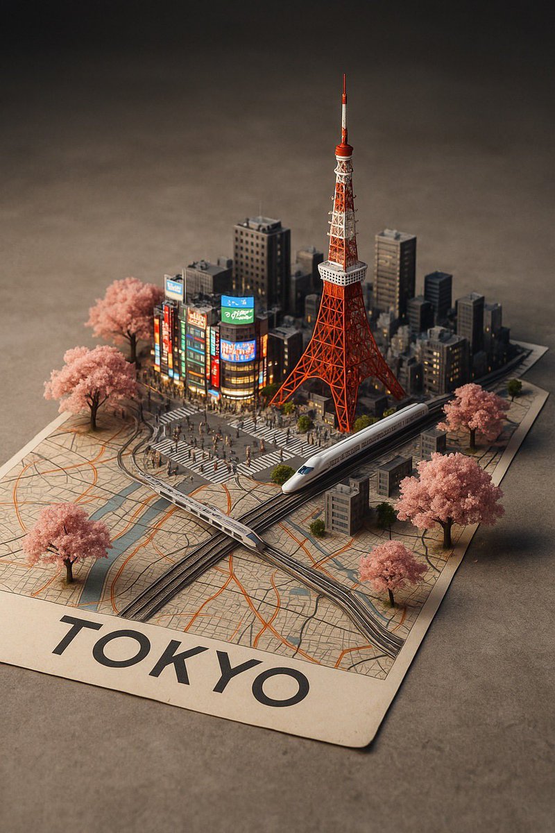 A street-style map of [CITY_NAME] placed on a {MAP_SURFACE}, with a photorealistic miniature versio…