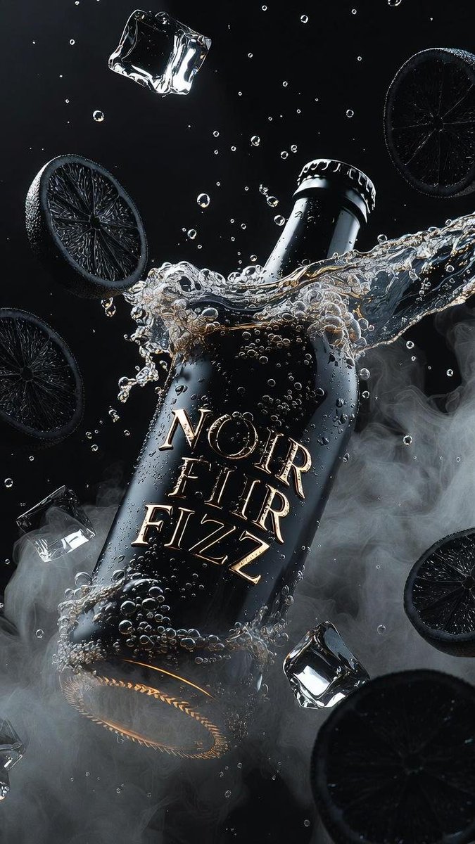 Ultra-cinematic product photography of a matte black luxury soda bottle labeled “NOIR FIZZ”, floati…