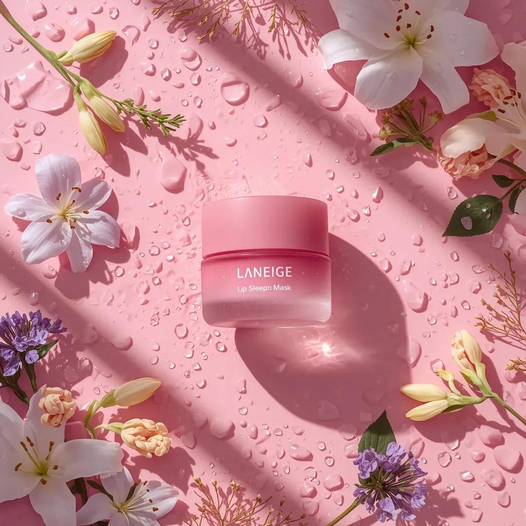 A hyper-realistic beauty product photograph of a pink [LANEIGE Lip Sleeping Mask] jar placed at the…