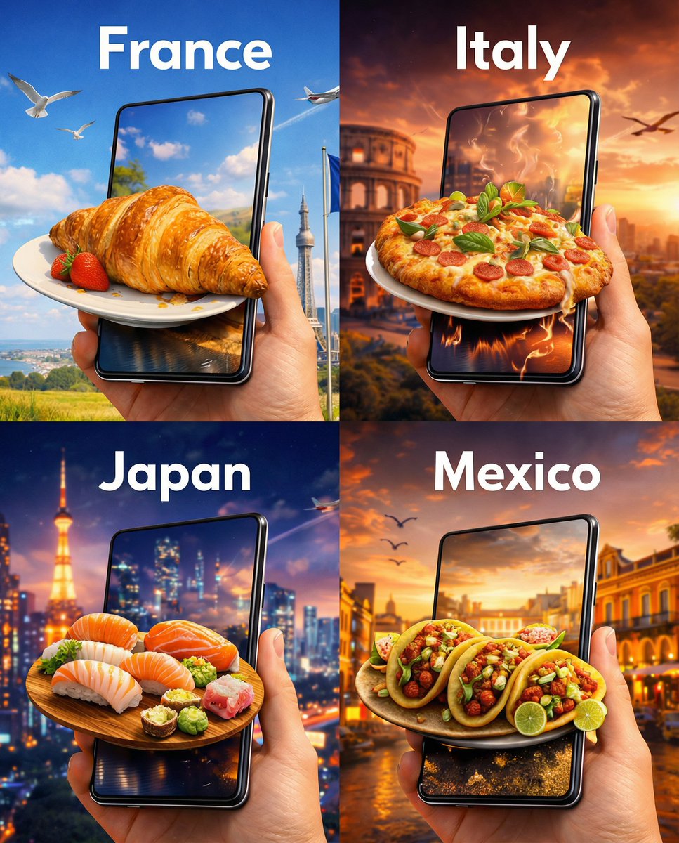 { "Create a hyper-realistic tourism advertisement collage in a single 1:1 image divided into a 2x2 …