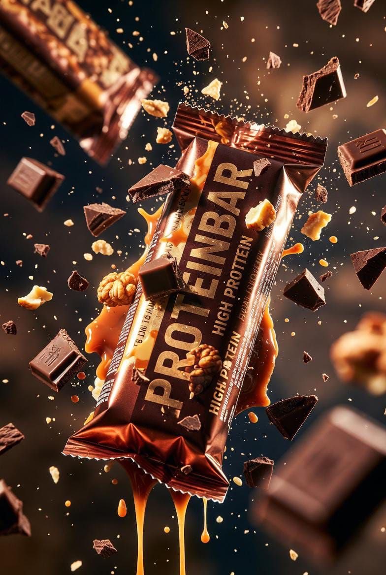 Ultra-cinematic product photography of a premium protein bar wrapped in metallic packaging, floatin…