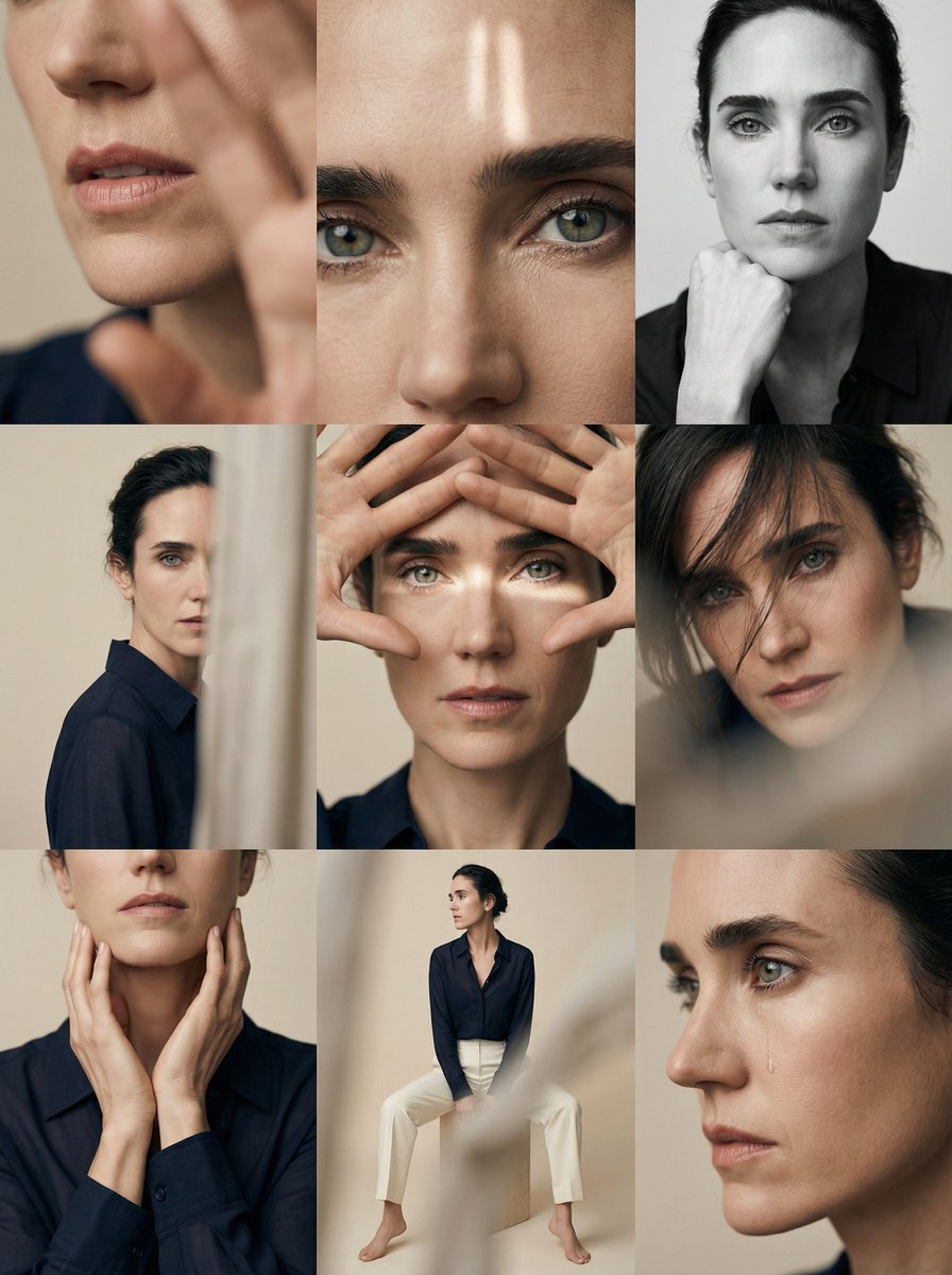 Editorial 3x3 photo grid in a clean soft beige studio. Character (matches reference 100%) wearing l…