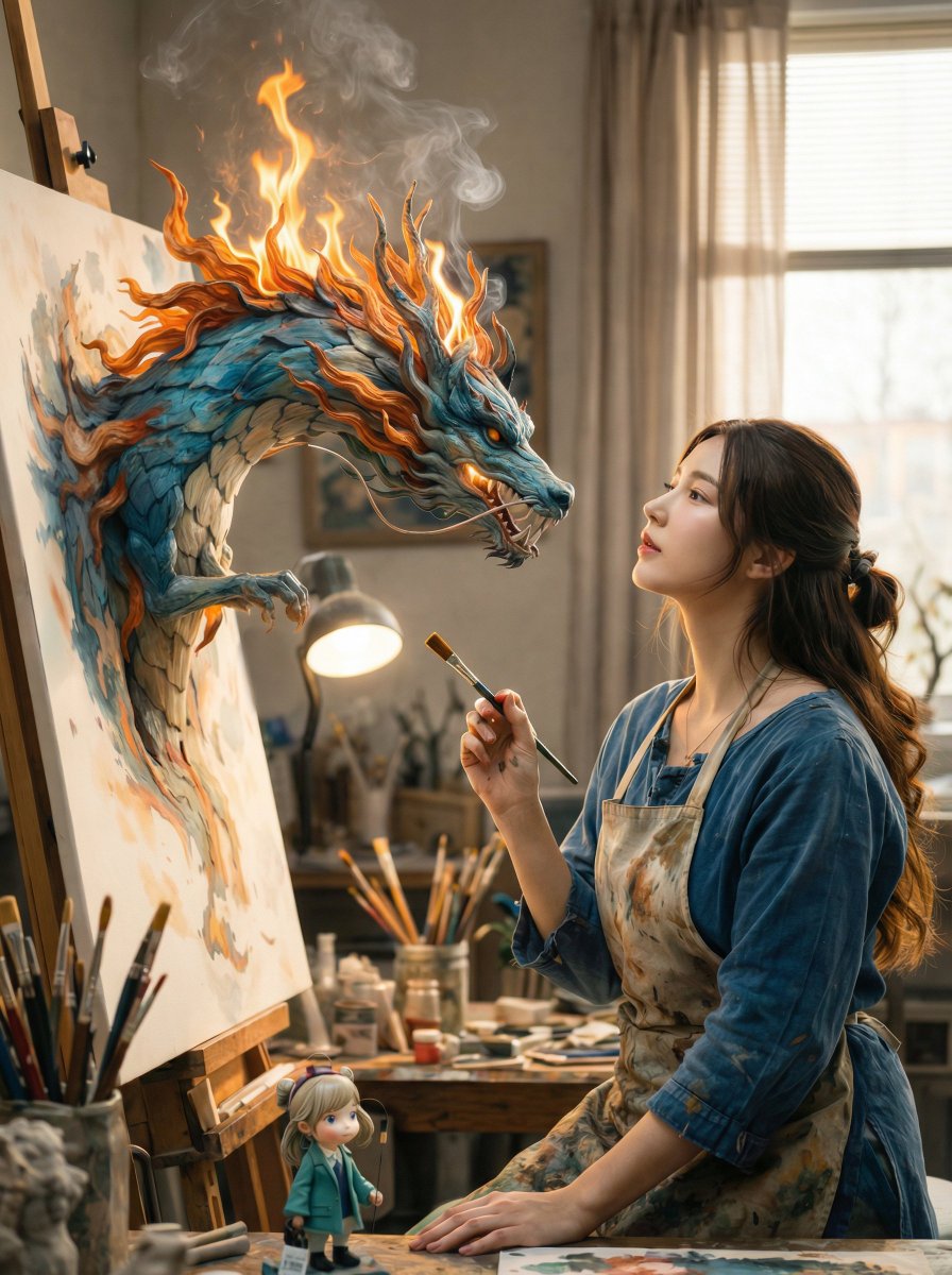 A cinematic fantasy scene inside a cozy artist’s studio. A young female painter wearing a paint-sta…