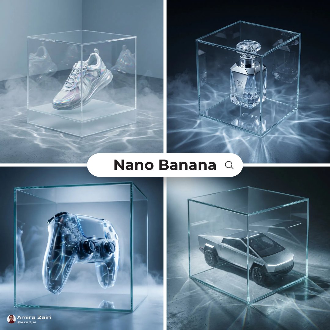 [product], futuristic high-end ad, transparent glass cube enclosure, caustic light patterns on surf…