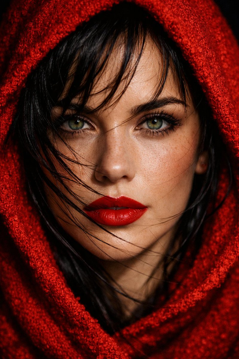 Extreme close-up portrait of a woman with piercing green eyes and bold, matte red lips, her face fr…