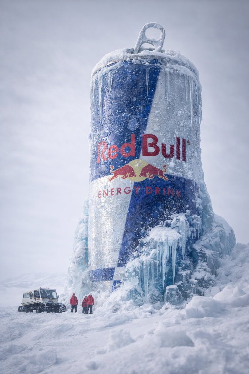 Hyper-realistic cinematic 8k photograph, low-angle wide perspective. A massive Monster Energy can s…