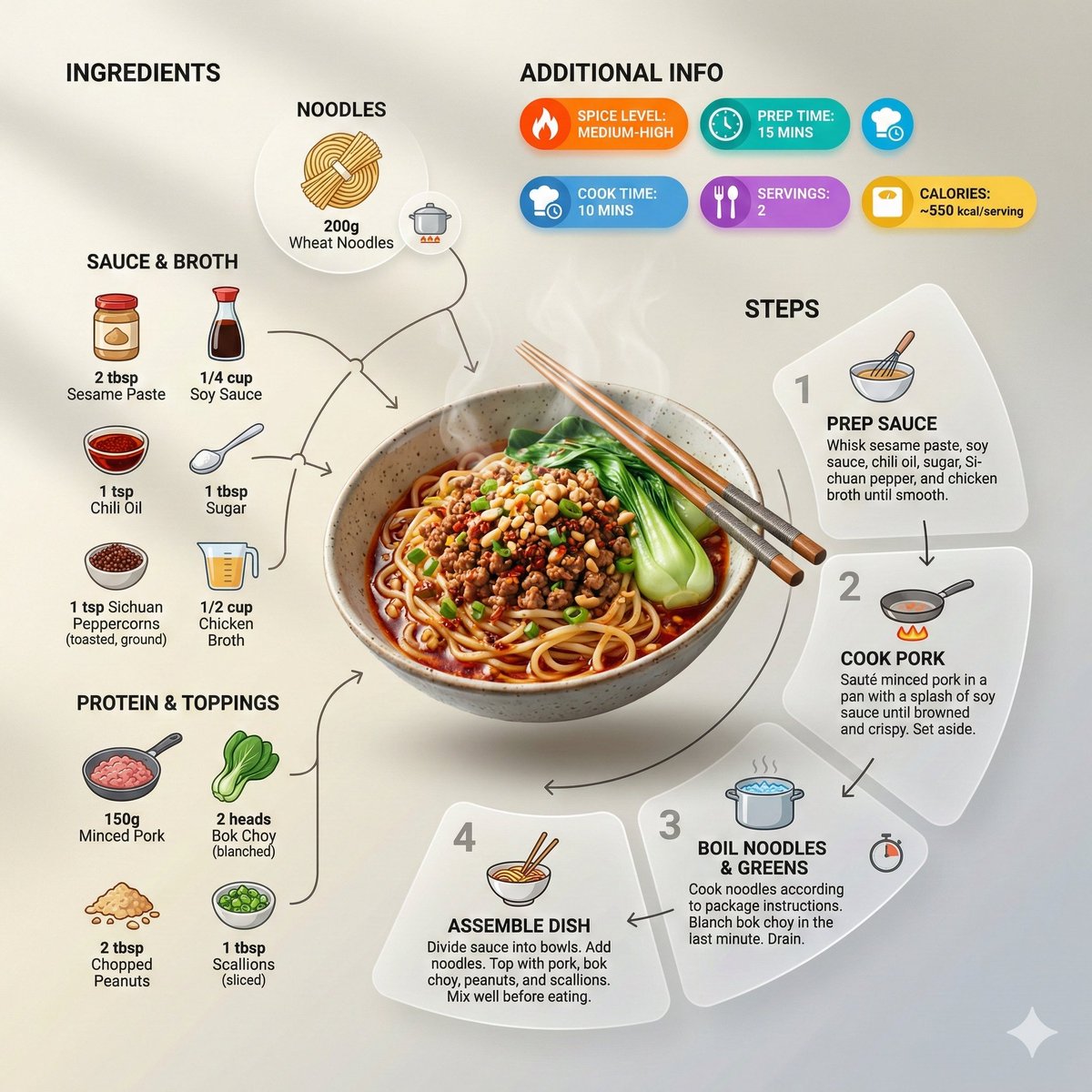 Ultra-clean modern recipe infographic. Showcase Noodles in a visually appealing finished form—slice…