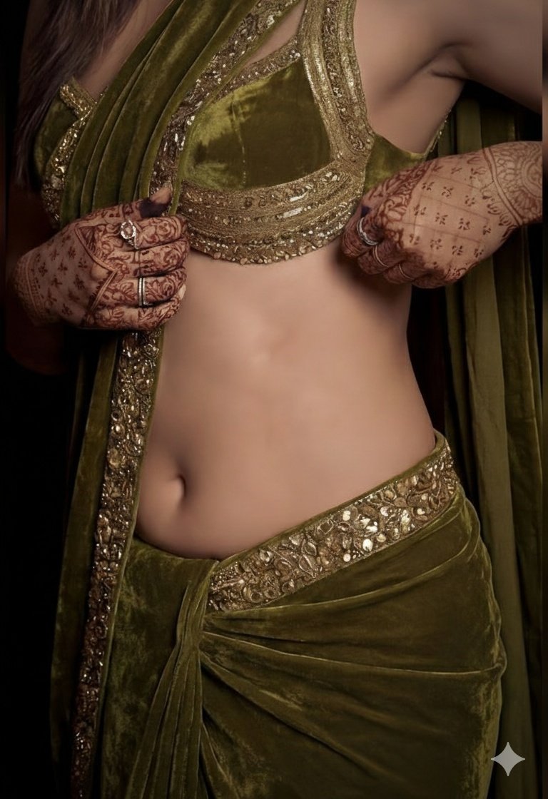 A detailed, high-fashion studio photograph of a woman posing gracefully, wearing a luxurious olive …