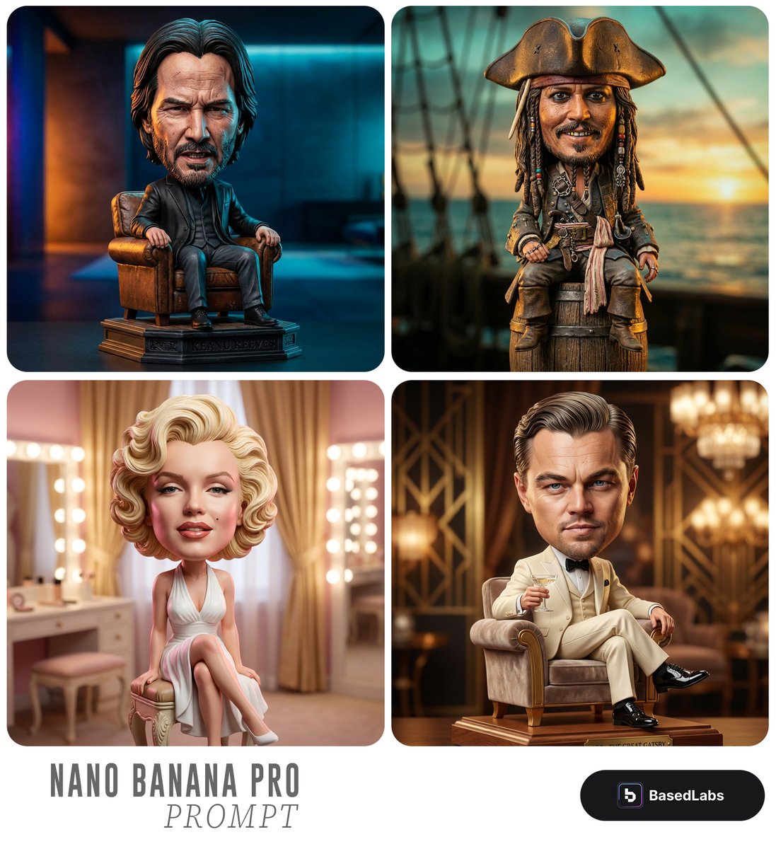 Highly detailed caricature figurine of [SUBJECT] as a cute but intense bobblehead-style collectible…
