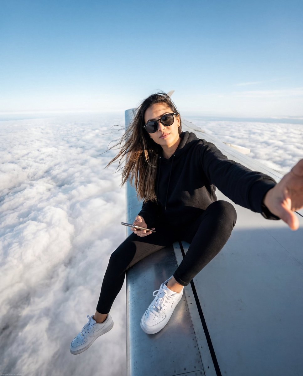 stylish young woman sitting on an airplane wing high above the clouds