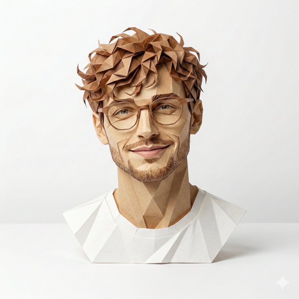 A hyper-detailed, origami-style version of a person, folded from high-quality paper with crisp, cle…