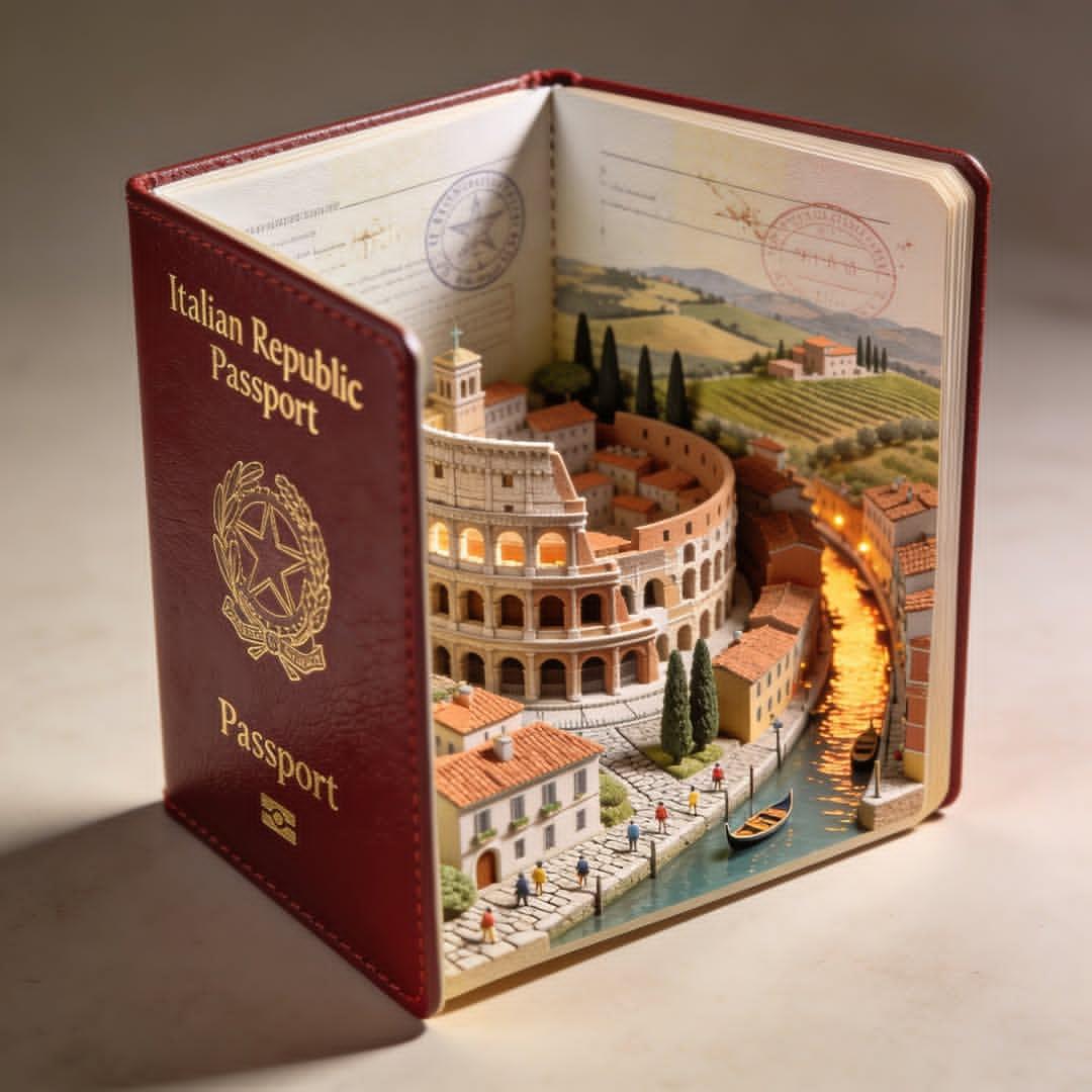 Hyper-realistic open [COUNTRY] passport on a studio surface, with gold-embossed “[Official Passport…