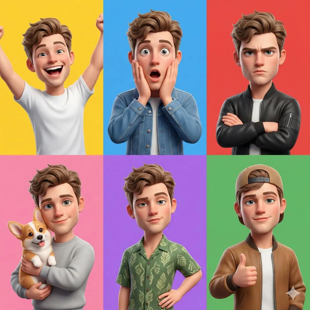 A 3D Pixar-style animated young male character showcased in a 6-panel grid layout, each panel featu…