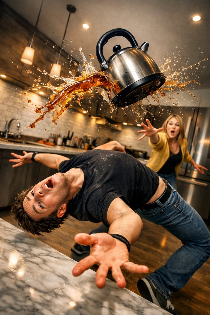 Surreal comedic scene inside a modern kitchen: a young man bends backward in an extreme dodge pose,…