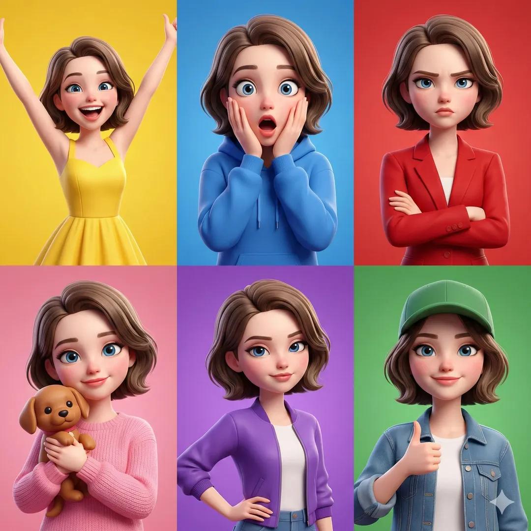 3D Pixar-style animated girl shown in a 6-panel grid, same character with short brown hair and big …