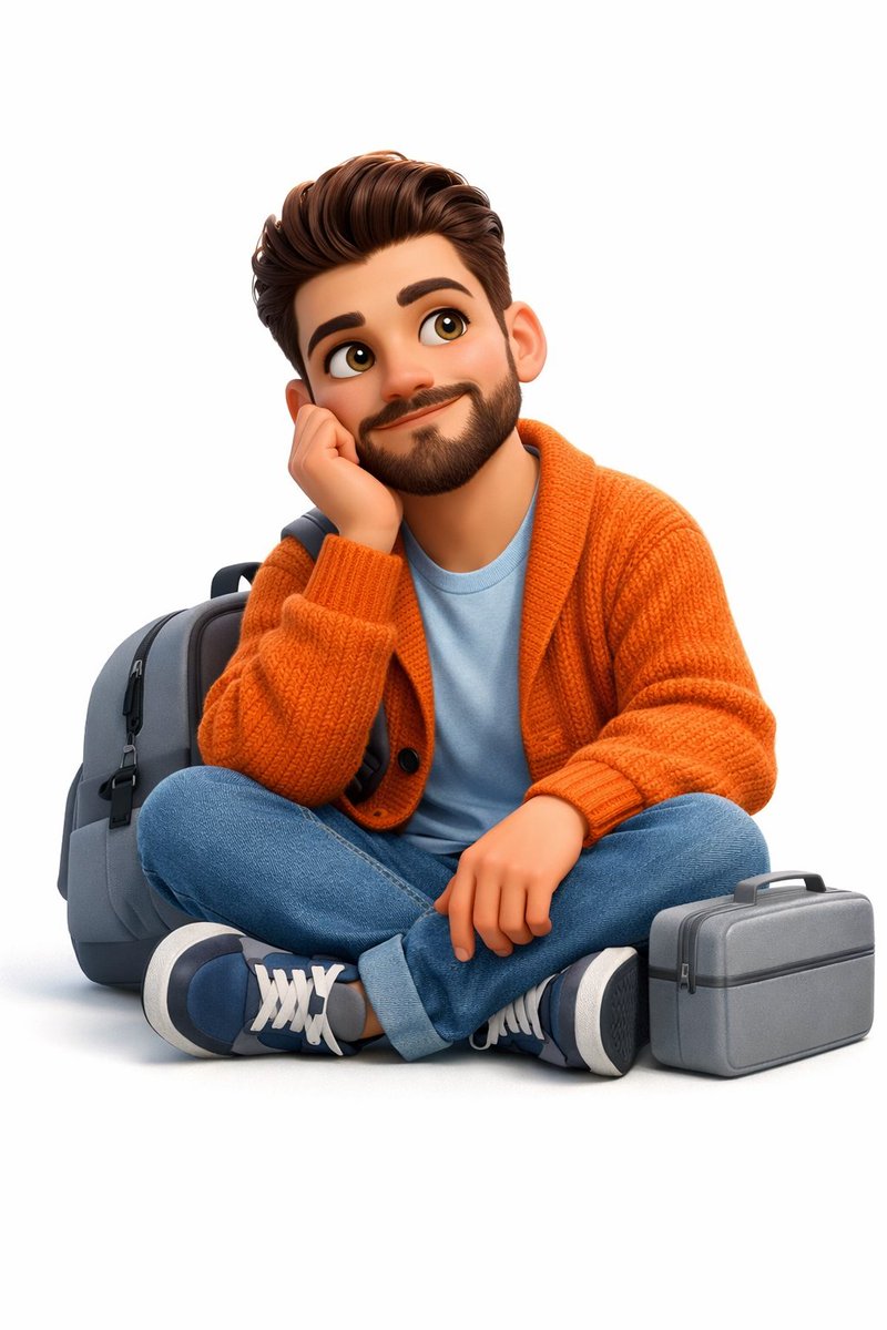 create a A 3D, Pixar-style animated young man sits cross-legged on a pure white, isolated backgroun…