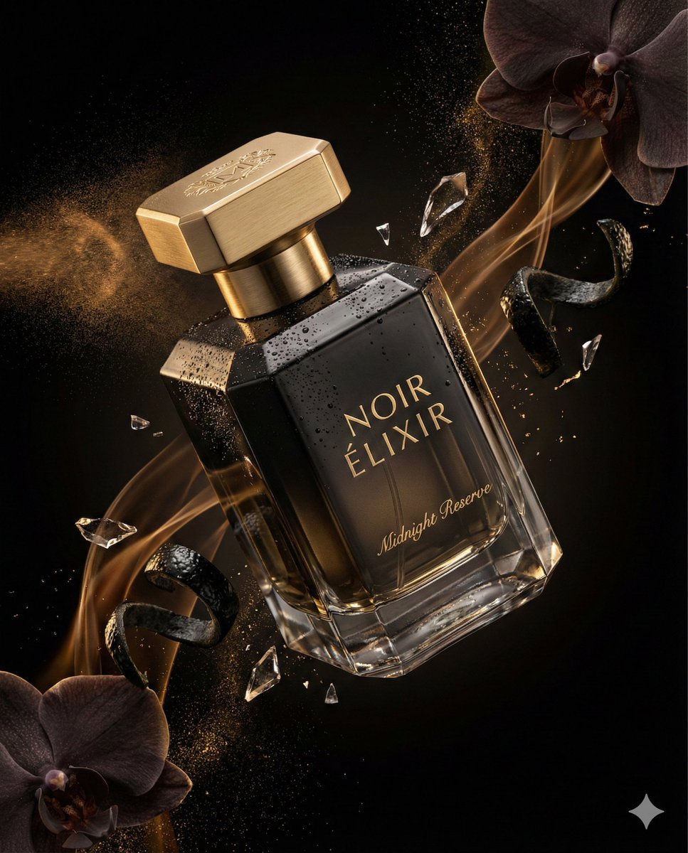 { "master_prompt": { "product": { "type": "luxury perfume bottle", "brand_name": "NOIR ÉLIXIR", "fr…